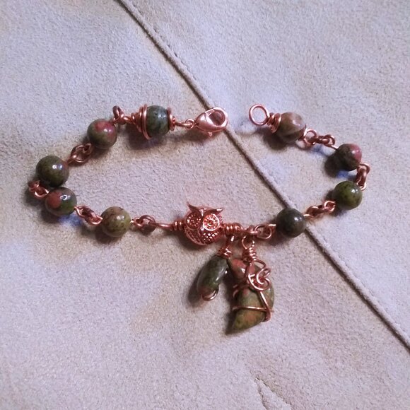 Hand Crafted! Unakite Jasper & Copper Owl + Wire Wrapped Unakite Moon Bracelet - Picture 6 of 13